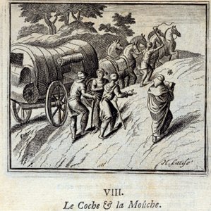 Cochen og fluen. Fabler av Jean de La Fontaine (1621-95). Illustrasjon av Francois Chauveau (1613-1676). Utgave av 1728. av Francois Chauveau