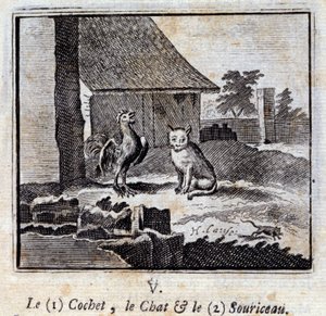 The Cochet, katten og musen. Fabler av Jean de La Fontaine (1621-95). Illustrasjon av François Chauveau (1613-1676). Utgave av 1728. av Francois Chauveau