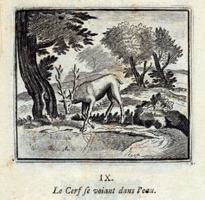 Hjorten ser seg selv i vannet. Fabler av Jean de La Fontaine (1621-95). Illustrasjon av François Chauveau (1613-1676). Utgave av 1728. av Francois Chauveau