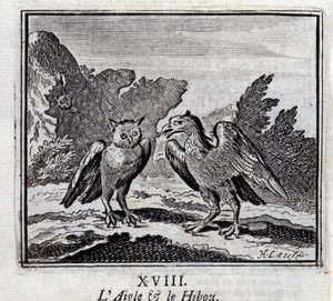Ørnen og uglen. Fabler av Jean de La Fontaine (1621-95). Illustrasjon av François Chauveau (1613-1676). Utgave av 1728. av Francois Chauveau