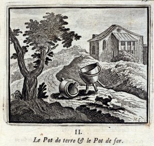 Jordpotten og jerngryten. Fabler av Jean de La Fontaine (1621-95). Illustrasjon av François Chauveau (1613-1676). Utgave av 1728. av Francois Chauveau