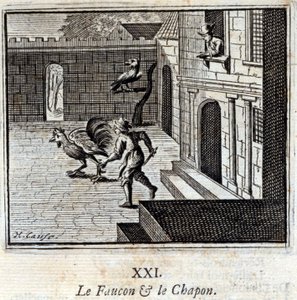 Falken og Kaponen. Fabler av Jean de La Fontaine (1621-95). Illustrasjon av François Chauveau (1613-1676). Utgave av 1728. av Francois Chauveau