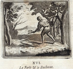 Skogen og Bucheron. Fabler av Jean de La Fontaine (1621-95). Illustrasjon av Francois Chauveau (1613-1676). Utgave av 1728. av Francois Chauveau