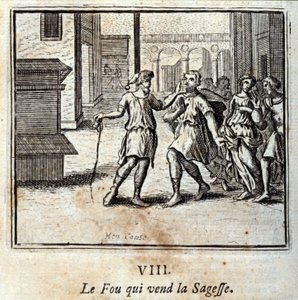 Fouen som selger visdom. Fabler av Jean de La Fontaine (1621-95). Illustrasjon av Francois Chauveau (1613-1676). Utgave av 1728. av Francois Chauveau