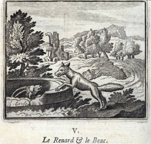 The Fox and the Goat. Fables av Jean de La Fontaine (1621-95). Illustrasjon av Francois Chauveau (1613-1676). Utgave av 1728. av Francois Chauveau