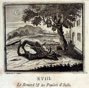 The Fox and the Chickens of India. Fabler av Jean de La Fontaine (1621-95). Illustrasjon av François Chauveau (1613-1676). Utgave av 1728. av Francois Chauveau