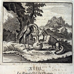 The Fox and the Stork.Fables av Jean de La Fontaine (1621-95). Illustrasjon av Francois Chauveau (1613-1676). Utgave av 1728. av Francois Chauveau