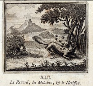 Reven, fluene og Herisson. Fabler av Jean de La Fontaine (1621-95). Illustrasjon av François Chauveau (1613-1676). Utgave av 1728. av Francois Chauveau