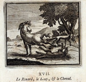 Reven, ulven og hesten. Fabler av Jean de La Fontaine (1621-95). Illustrasjon av François Chauveau (1613-1676). Utgave av 1728.