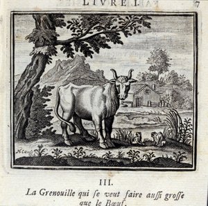 Frosken som vil bli like stor som biffen. Fabler av Jean de La Fontaine (1621-95). Illustrasjon av François Chauveau (1613-1676). Utgave av 1728. av Francois Chauveau