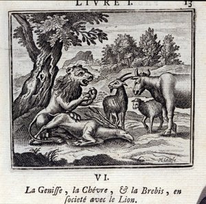 The Genisse the Gove og sauene i samfunnet med løven. Fabler av Jean de La Fontaine (1621-95). Illustrasjon av François Chauveau (1613-1676). Utgave av 1728. av Francois Chauveau