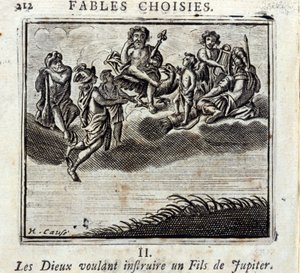Gudene ønsker å lære en sønn av Jupiter. Fabler av Jean de La Fontaine (1621-95). Illustrasjon av François Chauveau (1613-1676). Utgave av 1728. av Francois Chauveau