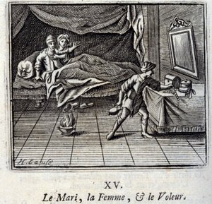 Ektemannen, kvinnen og tyven. Fabler av Jean de La Fontaine (1621-95). Illustrasjon av François Chauveau (1613-1676). Utgave av 1728. av Francois Chauveau