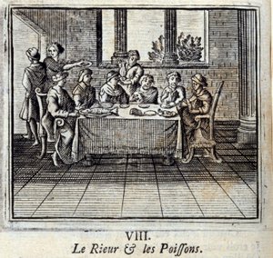 Latteren og Fiskene. Fabler av Jean de La Fontaine (1621-95). Illustrasjon av François Chauveau (1613-1676). Utgave av 1728. av Francois Chauveau
