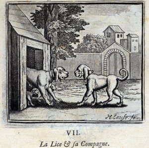 Lusen og hennes følgesvenn. Fabler av Jean de La Fontaine (1621-95). Illustrasjon av Francois Chauveau (1613-1676). Utgave av 1728. av Francois Chauveau
