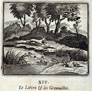 Haren og froskene. Fabler av Jean de La Fontaine (1621-95). Illustrasjon av Francois Chauveau (1613-1676). Utgave av 1728. av Francois Chauveau
