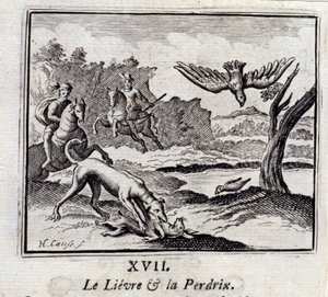 The Lievre and the Pardrix.Fables av Jean de La Fontaine (1621-95). Illustrasjon av François Chauveau (1613-1676). Utgave av 1728. av Francois Chauveau