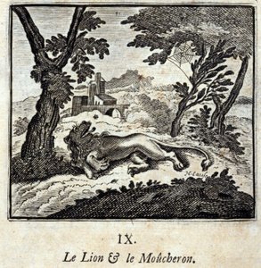 Løven og fluesnapperen. Fabler av Jean de La Fontaine (1621-95). Illustrasjon av Francois Chauveau (1613-1676). Utgave av 1728. av Francois Chauveau
