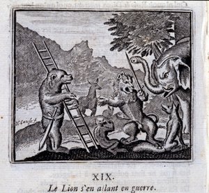 Løven går til krig. Fabler av Jean de La Fontaine (1621-95). Illustrasjon av Francois Chauveau (1613-1676). Utgave av 1728. av Francois Chauveau