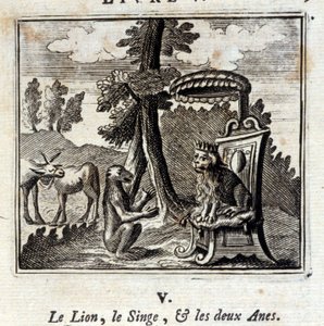 The Lion the Monkey and the Two Anes.Fables av Jean de La Fontaine (1621-95). Illustrasjon av François Chauveau (1613-1676). Utgave av 1728. av Francois Chauveau