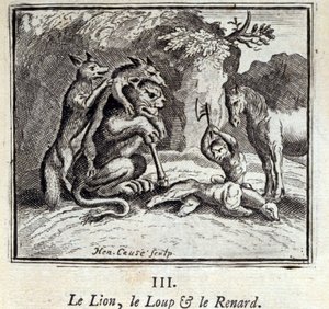 Løven, ulven og reven. Fabler av Jean de La Fontaine (1621-95). Illustrasjon av François Chauveau (1613-1676). Utgave av 1728. av Francois Chauveau