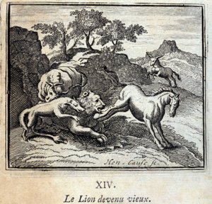 Løven ble gammel. Fabler av Jean de La Fontaine (1621-95). Illustrasjon av Francois Chauveau (1613-1676). Utgave av 1728. av Francois Chauveau