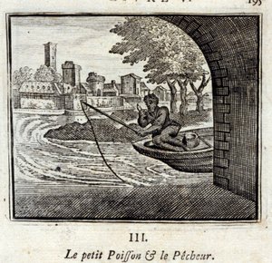 Den lille fisken og fiskeren. Fabler av Jean de La Fontaine (1621-95). Illustrasjon av François Chauveau (1613-1676). Utgave av 1728. av Francois Chauveau