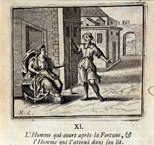 Mannen som løper etter Fortune og Mannen som venter på ham i sengen. Fabler av Jean de La Fontaine (1621-95). Illustrasjon av François Chauveau (1613-1676). Utgave av 1728. av Francois Chauveau
