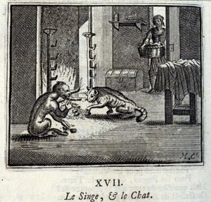 Apen og katten. Fabler av Jean de La Fontaine (1621-95). Illustrasjon av Francois Chauveau (1613-1676). Utgave av 1728. av Francois Chauveau