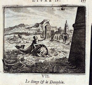 The Monkey and the Dauphin.Fables av Jean de La Fontaine (1621-95). Illustrasjon av Francois Chauveau (1613-1676). Utgave av 1728. av Francois Chauveau