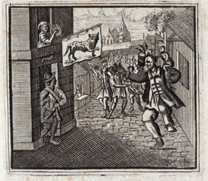 Apen og leoparden. Fabler av Jean de La Fontaine (1621-95). Illustrasjon av Francois Chauveau (1613-1676). Utgave av 1728. av Francois Chauveau