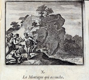 Fjellet føder. Fabler av Jean de La Fontaine (1621-95). Illustrasjon av Francois Chauveau (1613-1676). Utgave av 1728. av Francois Chauveau