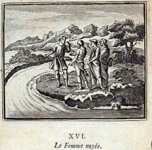 Noyee-kvinnen. Fabler av Jean de La Fontaine (1621-95). Illustrasjon av François Chauveau (1613-1676). Utgave av 1728. av Francois Chauveau