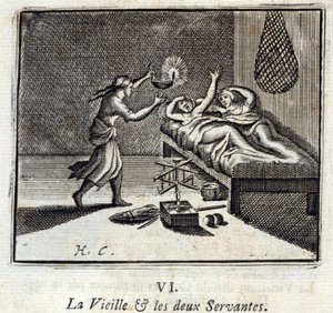 Den gamle damen og de to tjenerne. Fabler av Jean de La Fontaine (1621-95). Illustrasjon av François Chauveau (1613-1676). Utgave av 1728. av Francois Chauveau