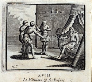 Den gamle mannen og hans barn. Fabler av Jean de La Fontaine (1621-95). Illustrasjon av François Chauveau (1613-1676). Utgave av 1728. av Francois Chauveau
