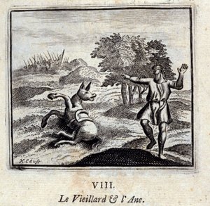 Den gamle mannen og eselet. Fabler av Jean de La Fontaine (1621-95). Illustrasjon av François Chauveau (1613-1676). Utgave av 1728. av Francois Chauveau