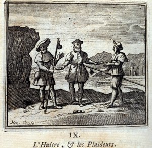 Østersen og rettssakene. Fabler av Jean de La Fontaine (1621-95). Illustrasjon av Francois Chauveau (1613-1676). Utgave av 1728. av Francois Chauveau