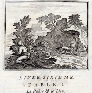Patras og løven. Fabler av Jean de La Fontaine (1621-95). Illustrasjon av Francois Chauveau (1613-1676). Utgave av 1728. av Francois Chauveau
