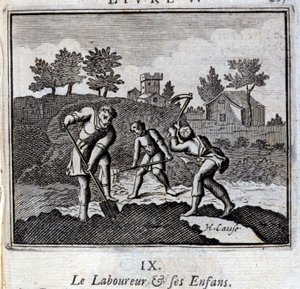 Ploureuren og hans barn. Fabler av Jean de La Fontaine (1621-95). Illustrasjon av Francois Chauveau (1613-1676). Utgave av 1728. av Francois Chauveau