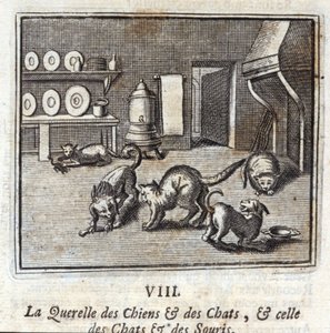 Querellen av hunder og katter, og den til katter og mus. Fabler av Jean de La Fontaine (1621-95). Illustrasjon av François Chauveau (1613-1676). Utgave av 1728. av Francois Chauveau