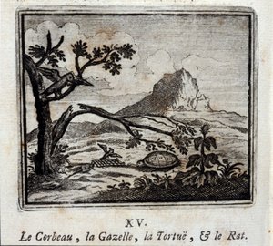 Ravnen, Gasellen, Skilpadden og Rotten. Fabler av Jean de La Fontaine (1621-95). Illustrasjon av François Chauveau (1613-1676). Utgave av 1728.