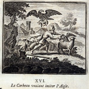 Ravnen som ønsker å etterligne ørnen. Fabler av Jean de La Fontaine (1621-95). Illustrasjon av François Chauveau (1613-1676). Utgave av 1728. av Francois Chauveau