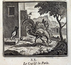 Hanen og perlen. Fabler av Jean de La Fontaine (1621-95). Illustrasjon av François Chauveau (1613-1676). Utgave av 1728.