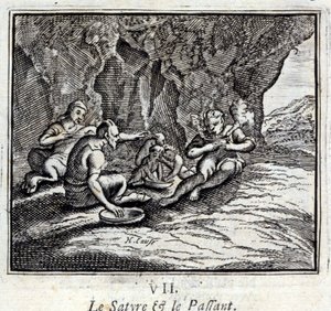 Satyren og passasjeren. Fabler av Jean de La Fontaine (1621-95). Illustrasjon av François Chauveau (1613-1676). Utgave av 1728. av Francois Chauveau