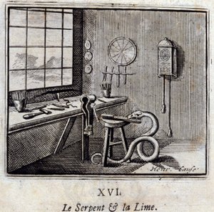 The Snake and the Lime.Fables av Jean de La Fontaine (1621-95). Illustrasjon av Francois Chauveau (1613-1676). Utgave av 1728. av Francois Chauveau