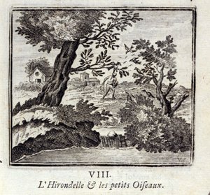 Svalen og småfuglene. Fabler av Jean de La Fontaine (1621-95). Illustrasjon av François Chauveau (1613-1676). Utgave av 1728. av Francois Chauveau