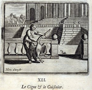 Svanen og kokken. Fabler av Jean de La Fontaine (1621-95). Illustrasjon av Francois Chauveau (1613-1676). Utgave av 1728. av Francois Chauveau