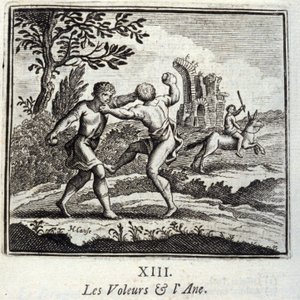 The Thieves and the Ane.Fables av Jean de La Fontaine (1621-95). Illustrasjon av Francois Chauveau (1613-1676). Utgave av 1728. av Francois Chauveau