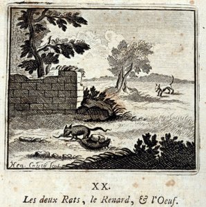 De to rottene, reven og egget. Fabler av Jean de La Fontaine (1621-95). Illustrasjon av François Chauveau (1613-1676). Utgave av 1728.