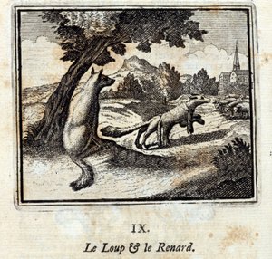 Ulven og reven. Fabler av Jean de La Fontaine (1621-95). Illustrasjon av Francois Chauveau (1613-1676). Utgave av 1728. av Francois Chauveau